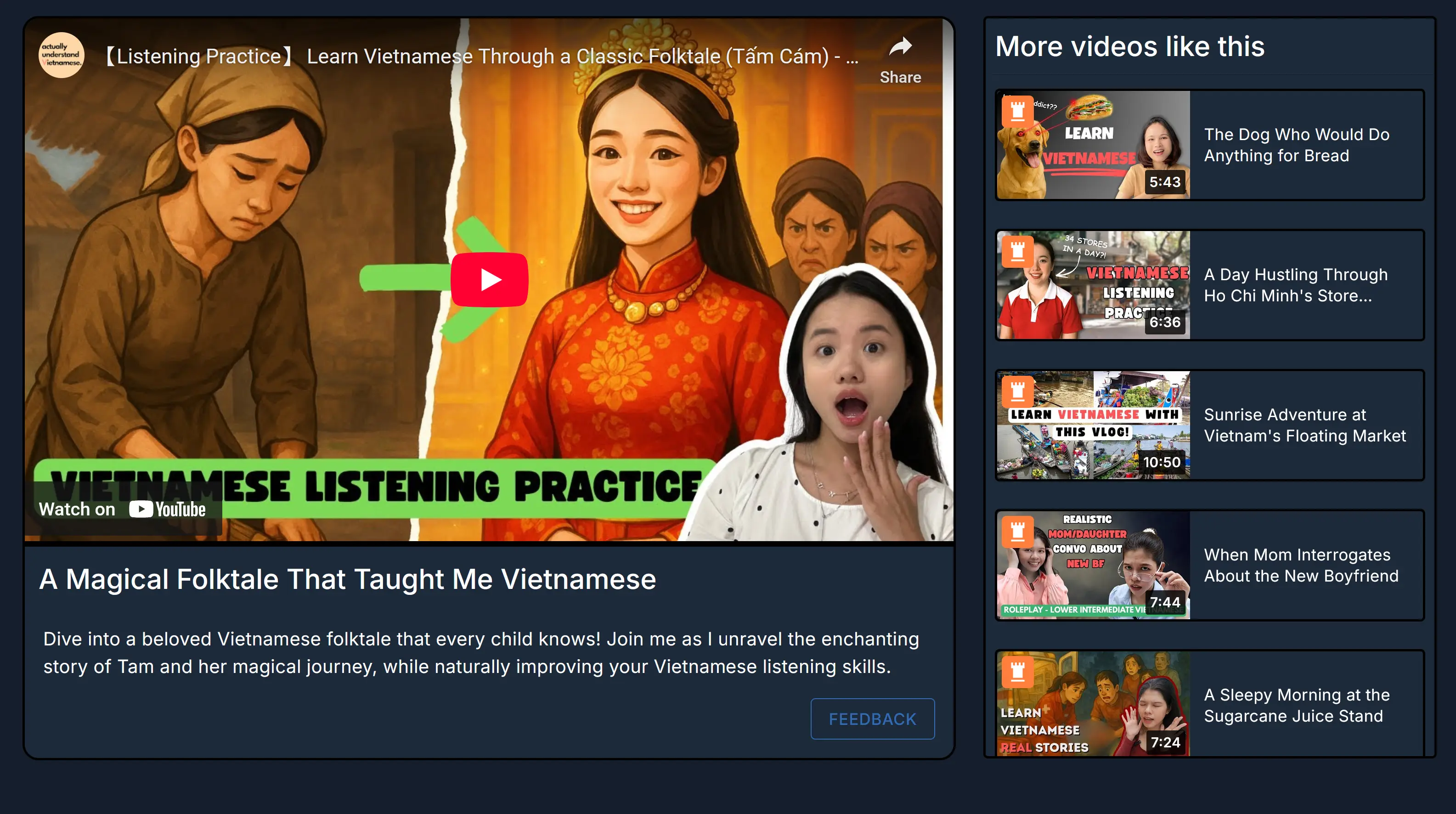 LangGlitch VideoPlayer showing a Video with the Video Recommendations on the right of it